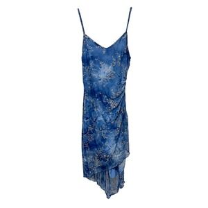 Vintage Entrancy Y2K Blue Mesh Glitter Floral Asymmetrical Midi Dress Size Small